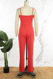 Red Sexy Casual Solid Backless With Bow Rhinestone Spaghetti Strap Regular Jumpsuits