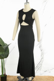 Черное сексуальное повседневное элегантное простое платье с вырезом из сплошного цвета с круглым вырезом и платьем русалки