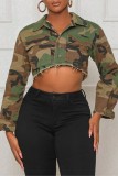 Army Green Casual Camouflage Print Patchwork Turndown Collar Outerwear