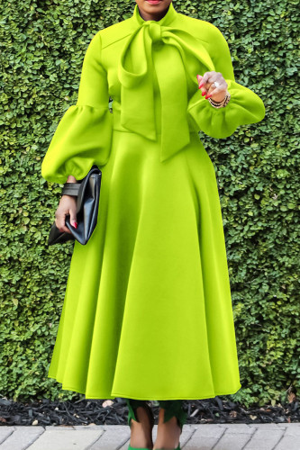 Фруктовые зеленые элегантные однотонные лоскутные платья с бантом и круглым вырезом