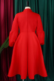 Rosa rojo elegante patchwork liso con lazo O cuello vestidos de una línea