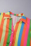 Multicolor Work Elegant Vacation Simplicity Geometric Striped Print Printing Turndown Collar Long Sleeve Two Pieces