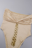 Apricot Sexy Casual Elegant Vacation Chains Solid Color Pleated Halter Sleeveless Two Pieces
