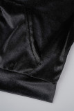 Nero Casual Solido Patchwork Disegna Tasca con cordino Cerniera Colletto con cappuccio Manica lunga Due pezzi