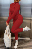Red Casual Solid Basic Turtleneck Skinny Jumpsuits