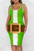 Green White Casual Print Basic U Neck Vest Dress Dresses