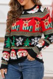 Zwarte casual kerstman patchwork basic O-hals tops