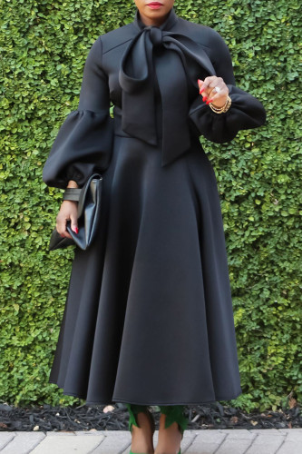 Black Elegant Solid Patchwork With Bow O Neck A Line Dresses