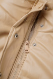 Khaki Elegant Solid Patchwork Pocket Buckle Zipper Mandarin Collar Outerwear