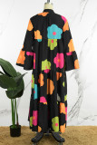 ブラック カジュアル スイート デイリー シンプル 花柄 シャツカラー ドレス