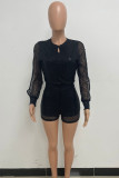 Black Sexy Solid Hollowed Out Sequins Patchwork Slit Zipper O Neck Loose Rompers