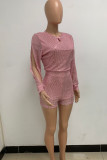 Pink Gold Sexy Solid Hollowed Out Sequins Patchwork Slit Zipper O Neck Loose Rompers
