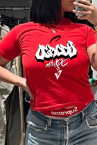 T-shirts décontractés rouges à imprimé lettre et col rond, taille moyenne