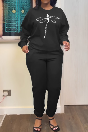 Black Casual Print Basic O Neck Long Sleeve Two Pieces