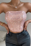 Gold Sexy Solid Sequins Patchwork Zipper Strapless Tops