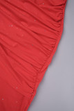 Robe rouge décontractée à paillettes solides, col en V, sans manches