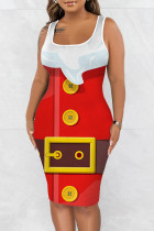 Robes de robe de gilet de base à col en U à imprimé décontracté blanc rouge
