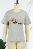 Light Gray Casual Daily Print Patchwork O Neck T-Shirts