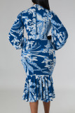Robe imprimée bleu paon, élégante, Patchwork, fermeture éclair, col rond, robes imprimées