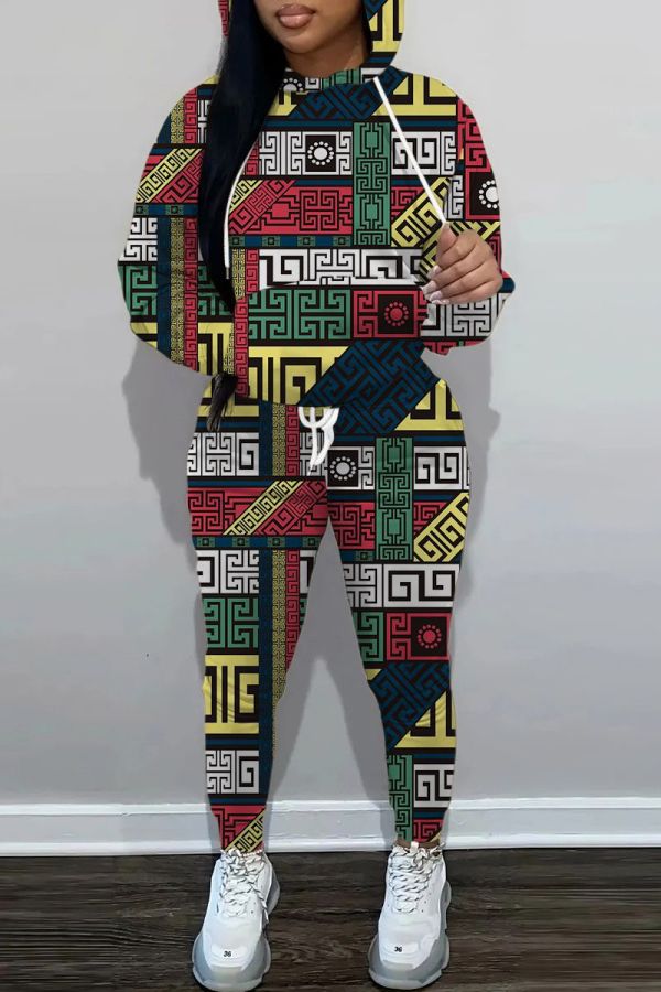 Multicolor Estampado casual Cuello con capucha básico Manga larga Dos piezas