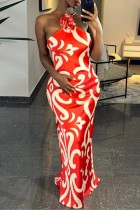 Red Sexy Casual Print Backless Spaghetti Strap Long Dress Dresses