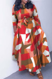Orange Casual Print Basic O Neck Long Dress Plus Size Dresses