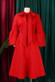 Patchwork sólido elegante vermelho com arco O pescoço vestidos linha A
