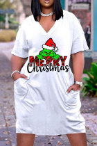 Black White Red Casual Print Basic V Neck Short Sleeve Dress