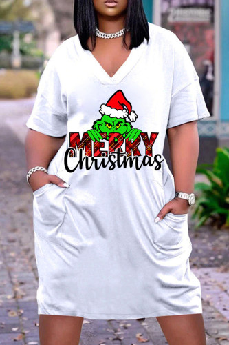 Black White Red Casual Print Basic V Neck Short Sleeve Dress