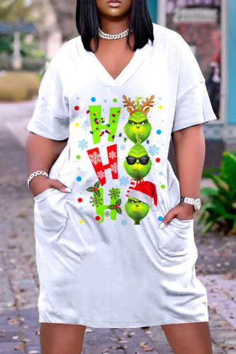 White Green Casual Print Basic V Neck Short Sleeve Dress