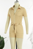Army Green Casual Solid Bandage Patchwork Pocket Zipper Turndown Collar Regular Rompers