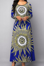 Blå Elegant Print Patchwork O-halstryckta klänningar
