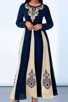 Marineblaue, elegant bedruckte Patchwork-Kleider mit O-Ausschnitt in A-Linie