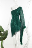 Grön Sexig Casual Patchwork Paljetter Rygglös Oblique Collar Oregelbunden klänning Klänningar
