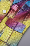 Multicolorido festa de trabalho impressão elegante gola redonda manga longa duas peças