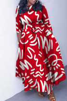 Красное повседневное длинное платье с принтом и базовым круглым вырезом Платья больших размеров