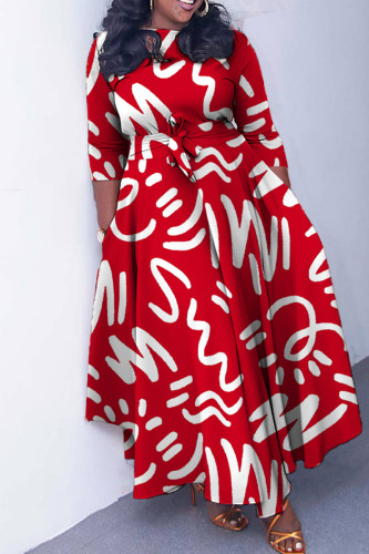 Robe longue rouge décontractée imprimée, basique, col rond, robes de grande taille