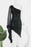 グリーンセクシーカジュアルパッチワークスパンコール背中の開いた斜め襟不規則なドレスドレス