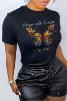 T-shirts noirs décontractés à col rond avec imprimé papillon et lettres en patchwork