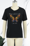 Zwarte casual street-vlinderprint patchwork letter O-hals T-shirts
