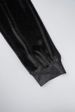 Черный повседневный однотонный лоскутный узор с карманами на молнии и воротником с капюшоном с длинными рукавами из двух частей