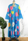 ブルー カジュアル スイート デイリー シンプル 花柄 シャツカラー ドレス