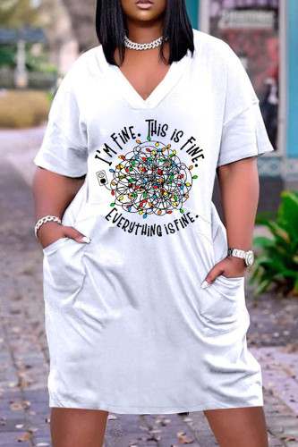 White Black Casual Print Basic V Neck Short Sleeve Dress