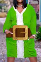 Vestidos de manga comprida verde casual estampados básicos com decote em V
