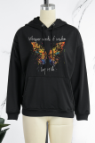 Black Street Daily Butterfly Print Draw String Hooded Collar Tops