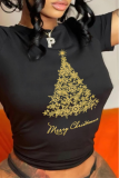 Black Daily Party Print Christmas Tree Patchwork O Neck T-Shirts