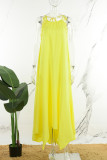 Gelbe, tägliche, elegante Urlaubskleider mit einfarbigem, durchbohrtem Spitzenverband, ausgehöhltem Neckholder und asymmetrischem Kleid