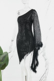 Черные сексуальные повседневные лоскутные платья с блестками и открытой спиной с косым воротником, нерегулярные платья