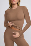Khaki Casual Solid Basic O Neck Long Sleeve Two Pieces