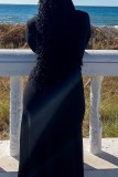 Zwarte casual effen vouw-schuine kraag-jurken met lange mouwen